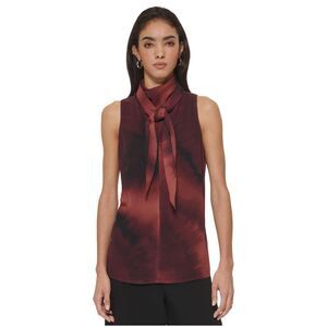 DKNY Womens Tie Neck Sleeveless Halter Top Shirt, Red, M, DM